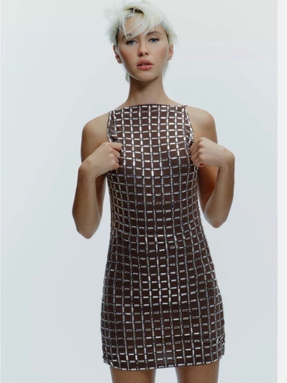 Zara Brown Mini Dress with Metallic Grid